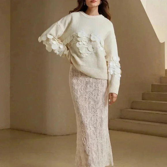 Apricot Casual Women's Handmade Beaded & Sequined Delicate Pullover Sweater - Picture 3 of 7